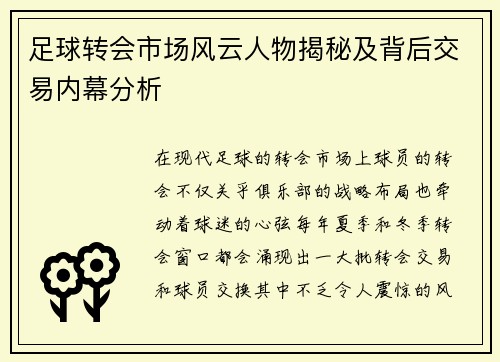 足球转会市场风云人物揭秘及背后交易内幕分析